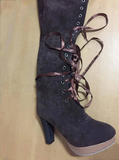 Women's High Boots 2025 Autumn Winter Sexy Lace Up Knee-high Boot Female Shoes Boots Women High Heels Leather Woman Boot - SS69