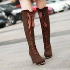 Women's High Boots 2025 Autumn Winter Sexy Lace Up Knee-high Boot Female Shoes Boots Women High Heels Leather Woman Boot - SS69