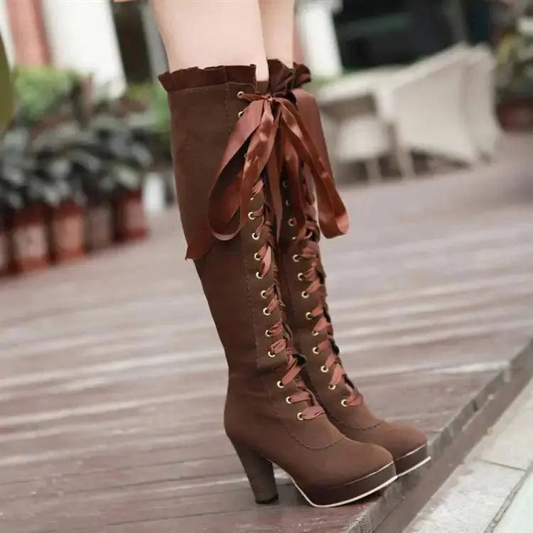 Women's High Boots 2025 Autumn Winter Sexy Lace Up Knee-high Boot Female Shoes Boots Women High Heels Leather Woman Boot - SS69