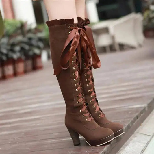 Women's High Boots 2025 Autumn Winter Sexy Lace Up Knee-high Boot Female Shoes Boots Women High Heels Leather Woman Boot - SS69