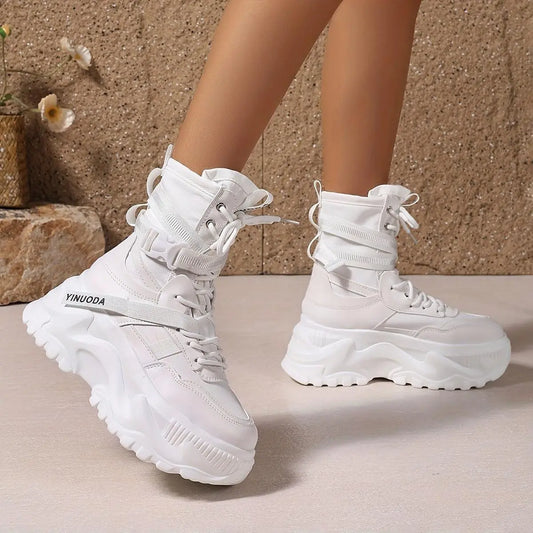 Women's High-Top Sneakers - Fashionable Lace-Up Platform Boots with Thick Sole, Versatile All-Season Footwear - SS69