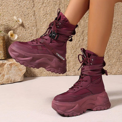 Women's High-Top Sneakers - Fashionable Lace-Up Platform Boots with Thick Sole, Versatile All-Season Footwear - SS69