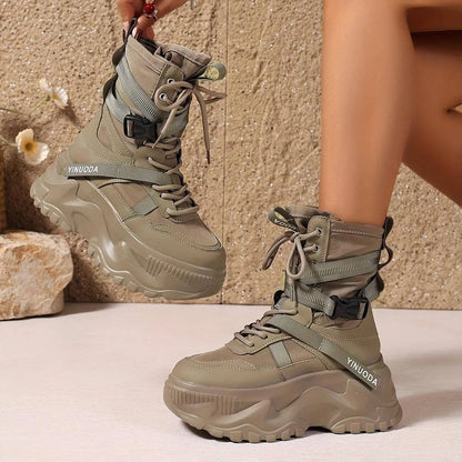 Women's High-Top Sneakers - Fashionable Lace-Up Platform Boots with Thick Sole, Versatile All-Season Footwear - SS69