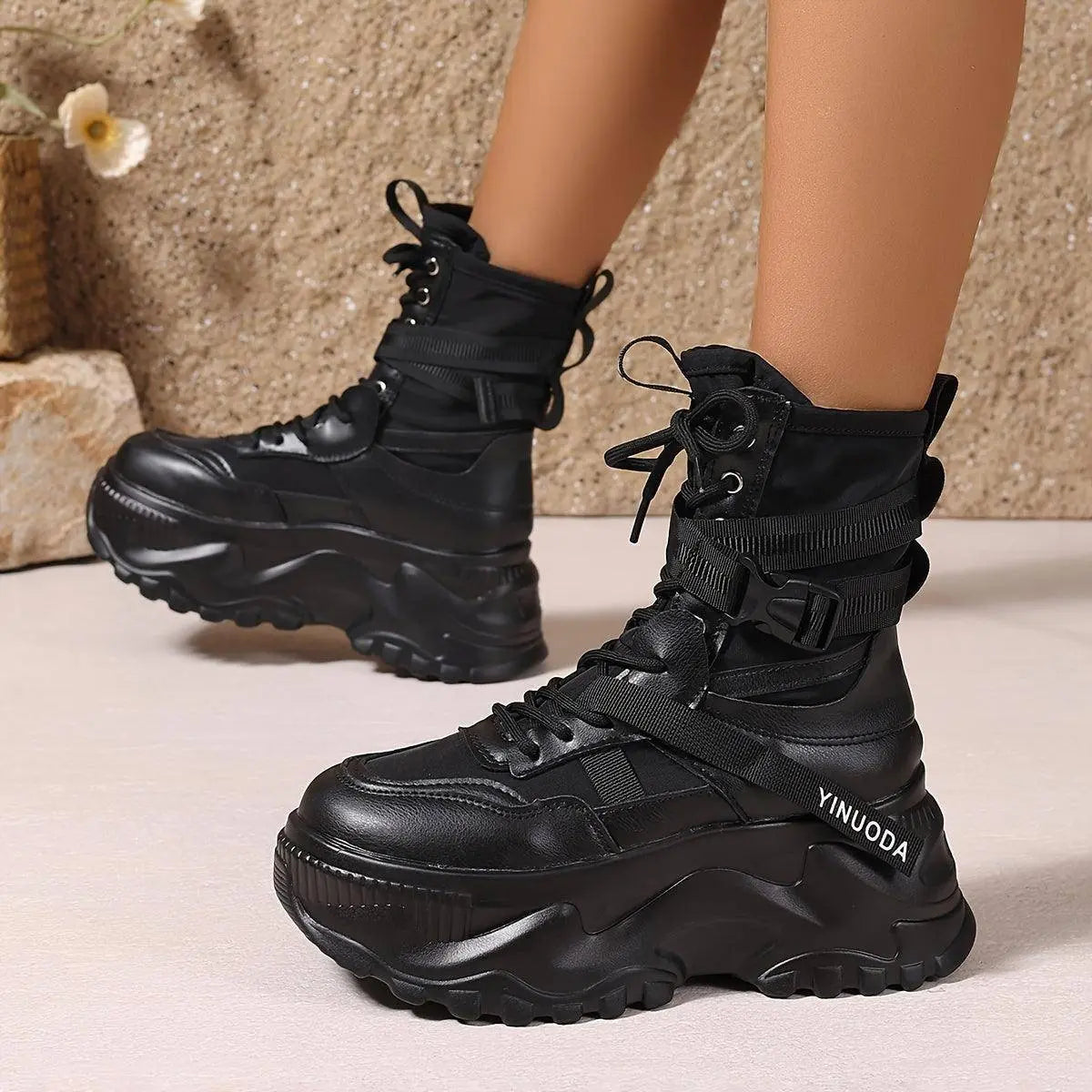 Women's High-Top Sneakers - Fashionable Lace-Up Platform Boots with Thick Sole, Versatile All-Season Footwear - SS69