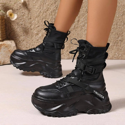 Women's High-Top Sneakers - Fashionable Lace-Up Platform Boots with Thick Sole, Versatile All-Season Footwear - SS69