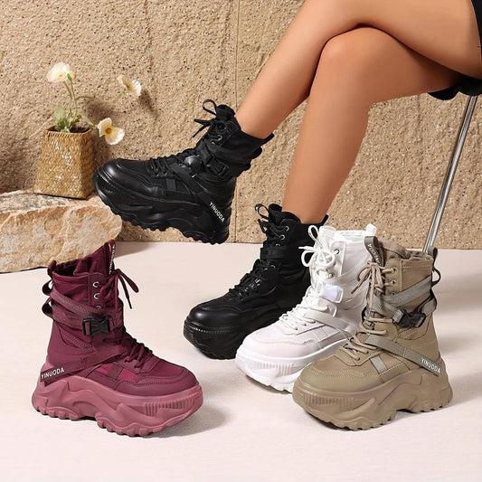 Women's High-Top Sneakers - Fashionable Lace-Up Platform Boots with Thick Sole, Versatile All-Season Footwear - SS69