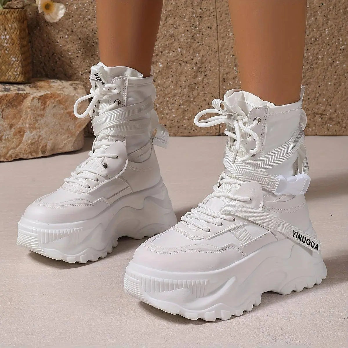 Women's High-Top Sneakers - Fashionable Lace-Up Platform Boots with Thick Sole, Versatile All-Season Footwear - SS69