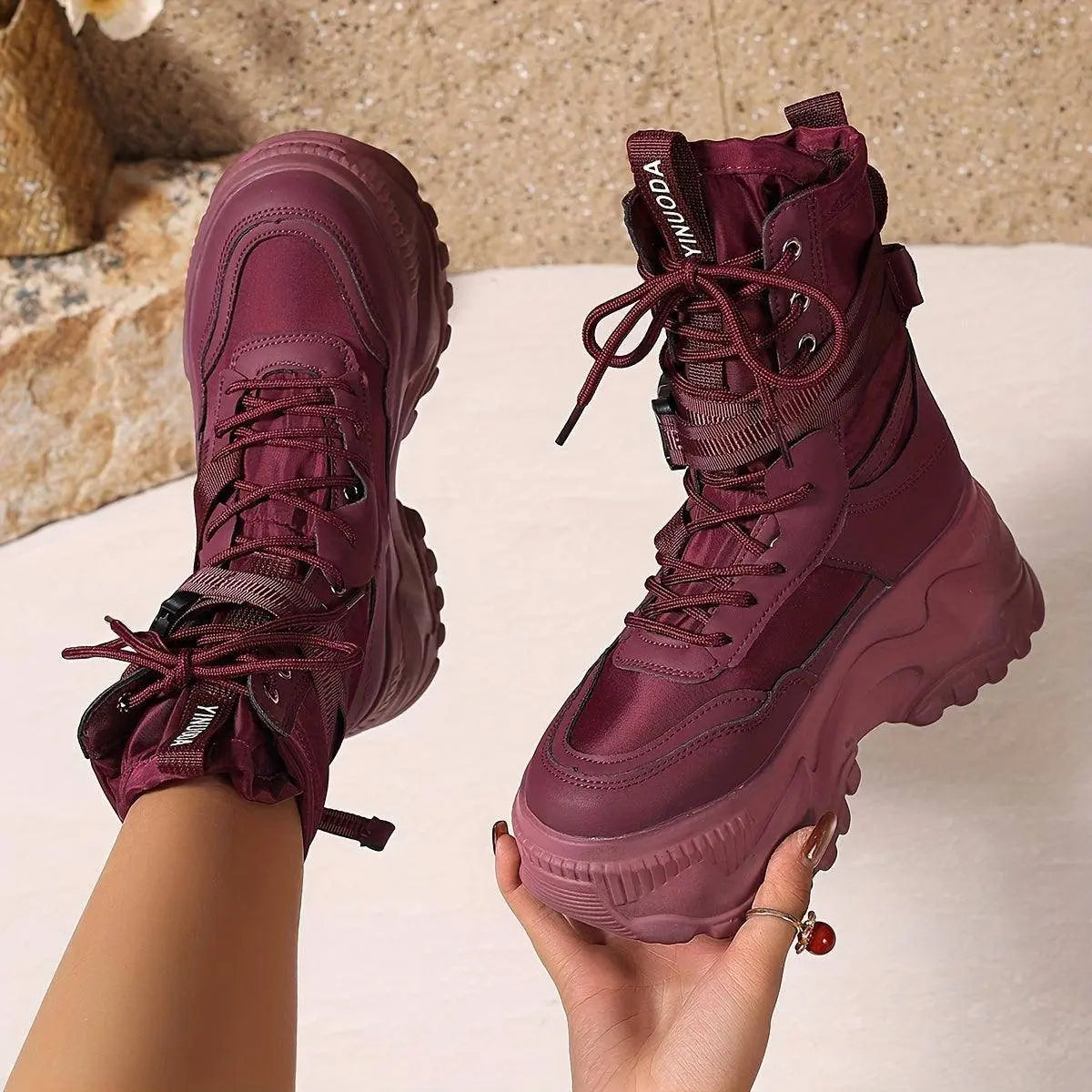 Women's High-Top Sneakers - Fashionable Lace-Up Platform Boots with Thick Sole, Versatile All-Season Footwear - SS69