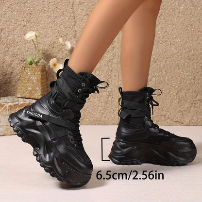 Women's High-Top Sneakers - Fashionable Lace-Up Platform Boots with Thick Sole, Versatile All-Season Footwear - SS69