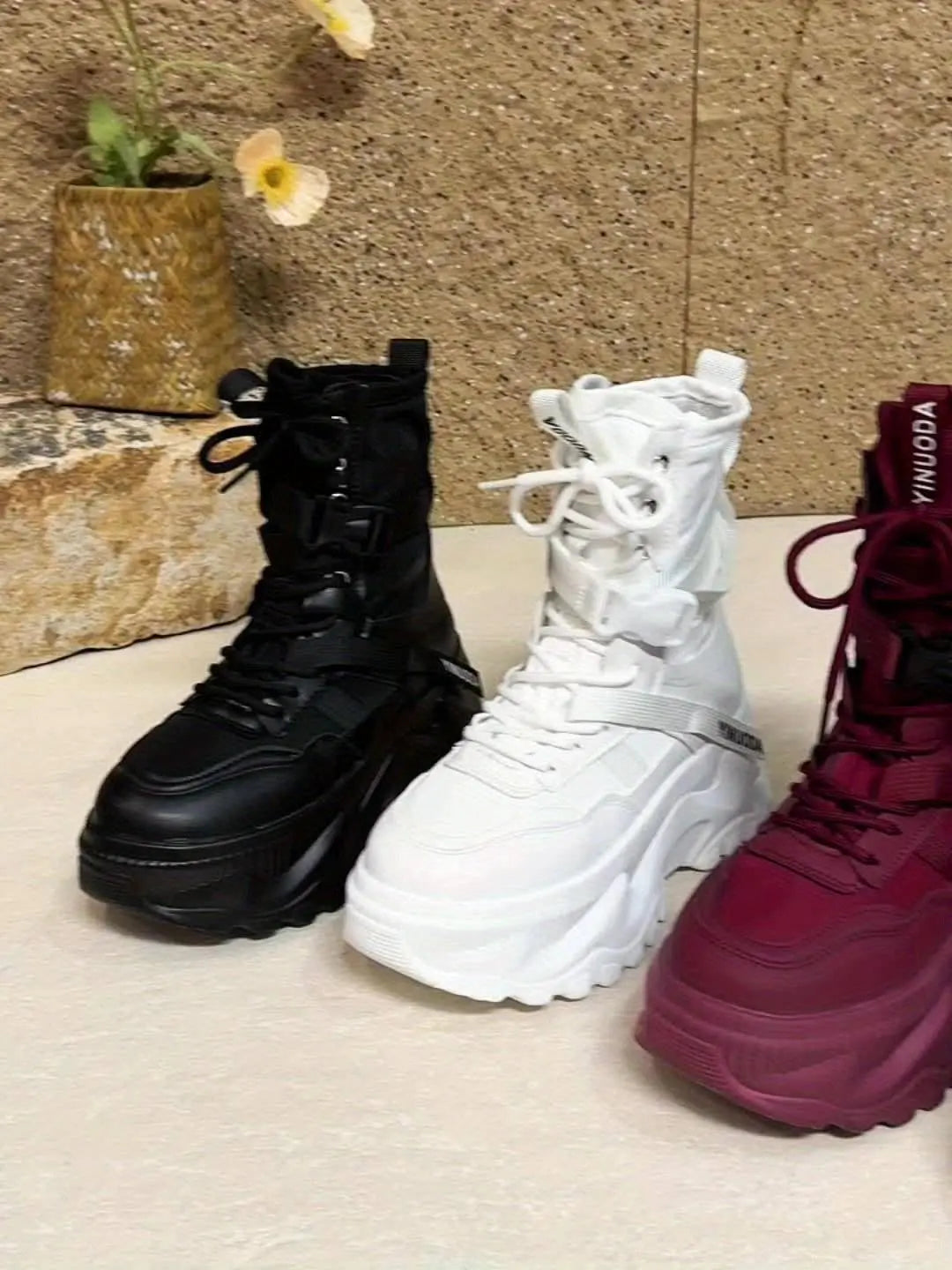Women's High-Top Sneakers - Fashionable Lace-Up Platform Boots with Thick Sole, Versatile All-Season Footwear - SS69
