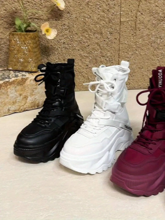 Women's High-Top Sneakers - Fashionable Lace-Up Platform Boots with Thick Sole, Versatile All-Season Footwear - SS69