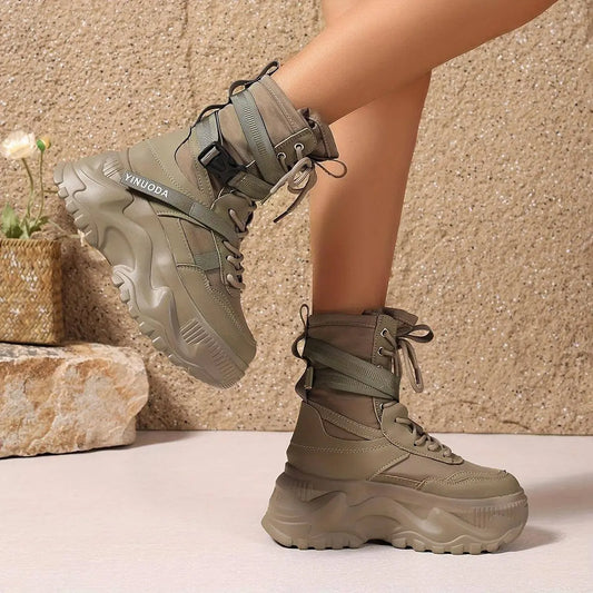 Women's High-Top Sneakers - Fashionable Lace-Up Platform Boots with Thick Sole, Versatile All-Season Footwear - SS69