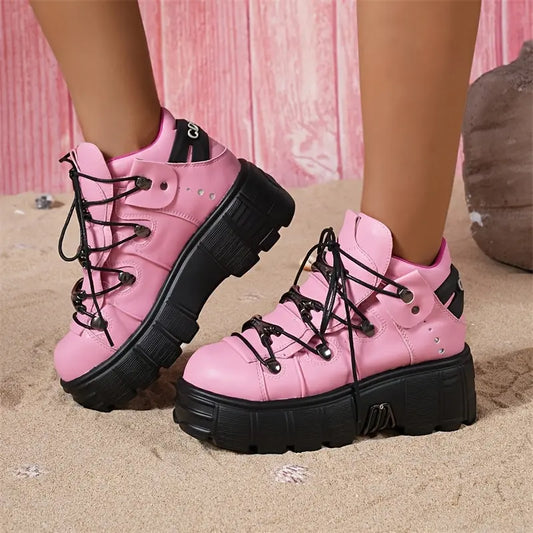 Women's Hip Hop Style Lace-Up Ankle Boots, Solid Color PU Upper, Fabric Inner, Non-Slip Sole, Round Toe Low Top Platform Shoes with Metal Decor for All-Season SS69