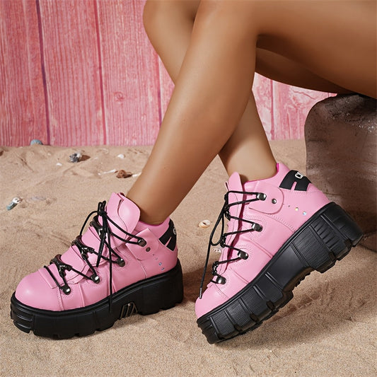 Women's Hip Hop Style Lace-Up Ankle Boots, Solid Color PU Upper, Fabric Inner, Non-Slip Sole, Round Toe Low Top Platform Shoes with Metal Decor for All-Season SS69