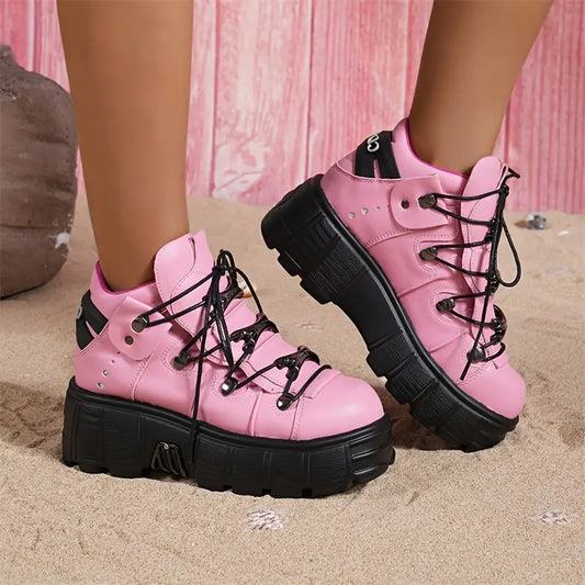 Women's Hip Hop Style Lace-Up Ankle Boots, Solid Color PU Upper, Fabric Inner, Non-Slip Sole, Round Toe Low Top Platform Shoes with Metal Decor for All-Season SS69