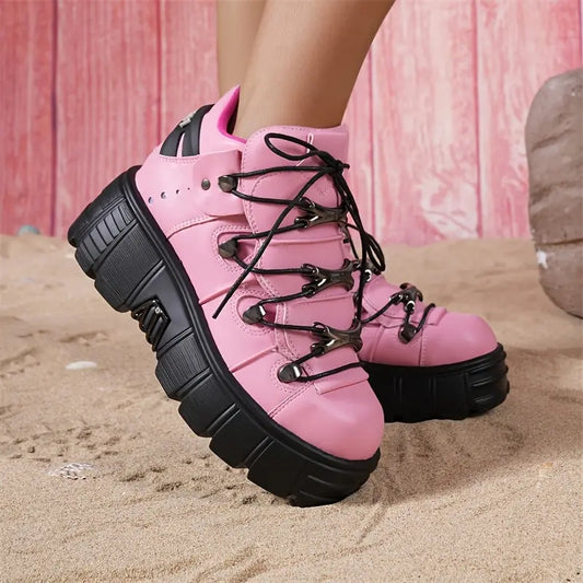 Women's Hip Hop Style Lace-Up Ankle Boots, Solid Color PU Upper, Fabric Inner, Non-Slip Sole, Round Toe Low Top Platform Shoes with Metal Decor for All-Season SS69