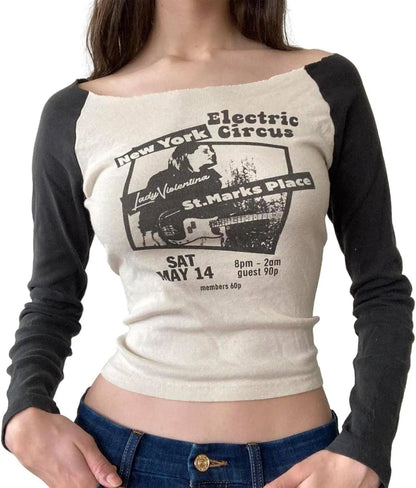 Women's Long-Sleeve Vintage Y2K Gothic Punk Grunge T-Shirt for Women and Girls, E-Girl Style - SS69