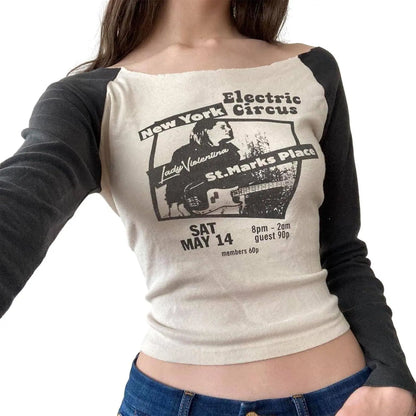 Women's Long-Sleeve Vintage Y2K Gothic Punk Grunge T-Shirt for Women and Girls, E-Girl Style - SS69