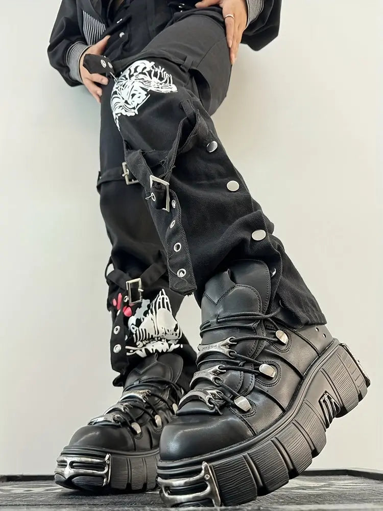 Women's Metallic Decor Platform Sneakers, Punk Rock Lace Up Outdoor Shoes, Comfortable Heel Height Shoes, Gothic Ankle Boots Round Toe Thick Sole Booties - SS69