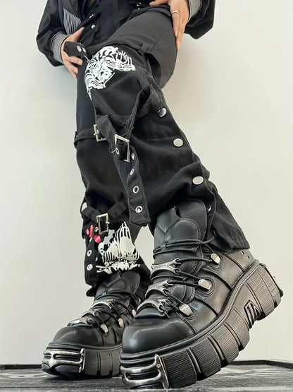 Women's Metallic Decor Platform Sneakers, Punk Rock Lace Up Outdoor Shoes, Comfortable Heel Height Shoes, Gothic Ankle Boots Round Toe Thick Sole Booties - SS69