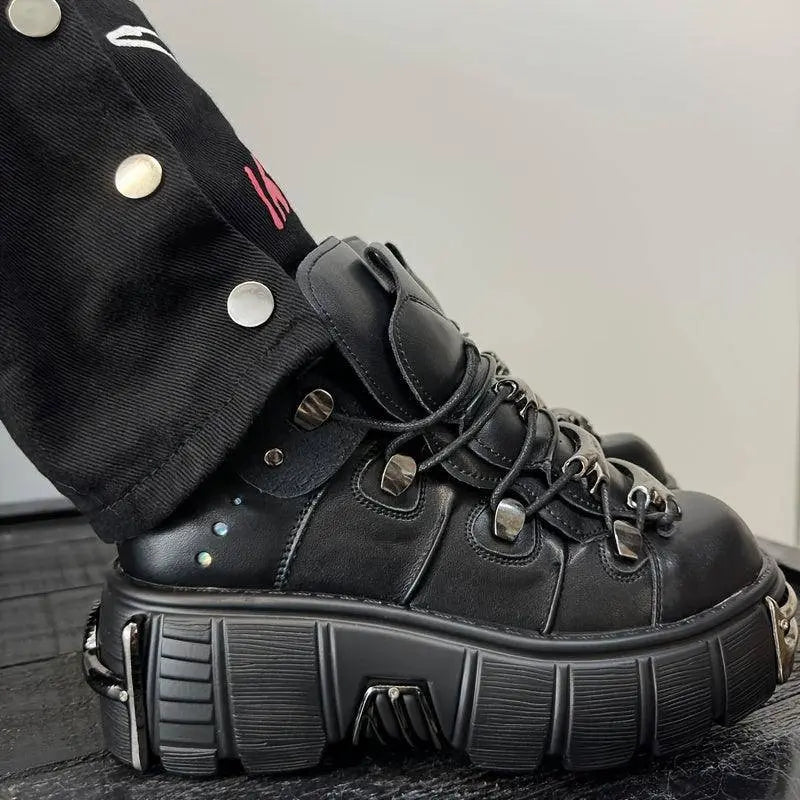 Women's Metallic Decor Platform Sneakers, Punk Rock Lace Up Outdoor Shoes, Comfortable Heel Height Shoes, Gothic Ankle Boots Round Toe Thick Sole Booties - SS69