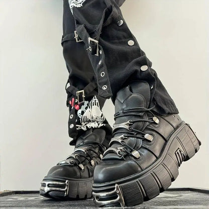 Women's Metallic Decor Platform Sneakers, Punk Rock Lace Up Outdoor Shoes, Comfortable Heel Height Shoes, Gothic Ankle Boots Round Toe Thick Sole Booties - SS69
