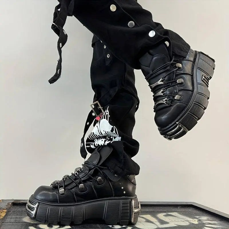 Women's Metallic Decor Platform Sneakers, Punk Rock Lace Up Outdoor Shoes, Comfortable Heel Height Shoes, Gothic Ankle Boots Round Toe Thick Sole Booties - SS69