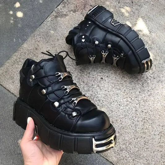 Women's Metallic Decor Platform Sneakers, Punk Rock Lace Up Outdoor Shoes, Comfortable Heel Height Shoes, Gothic Ankle Boots Round Toe Thick Sole Booties - SS69