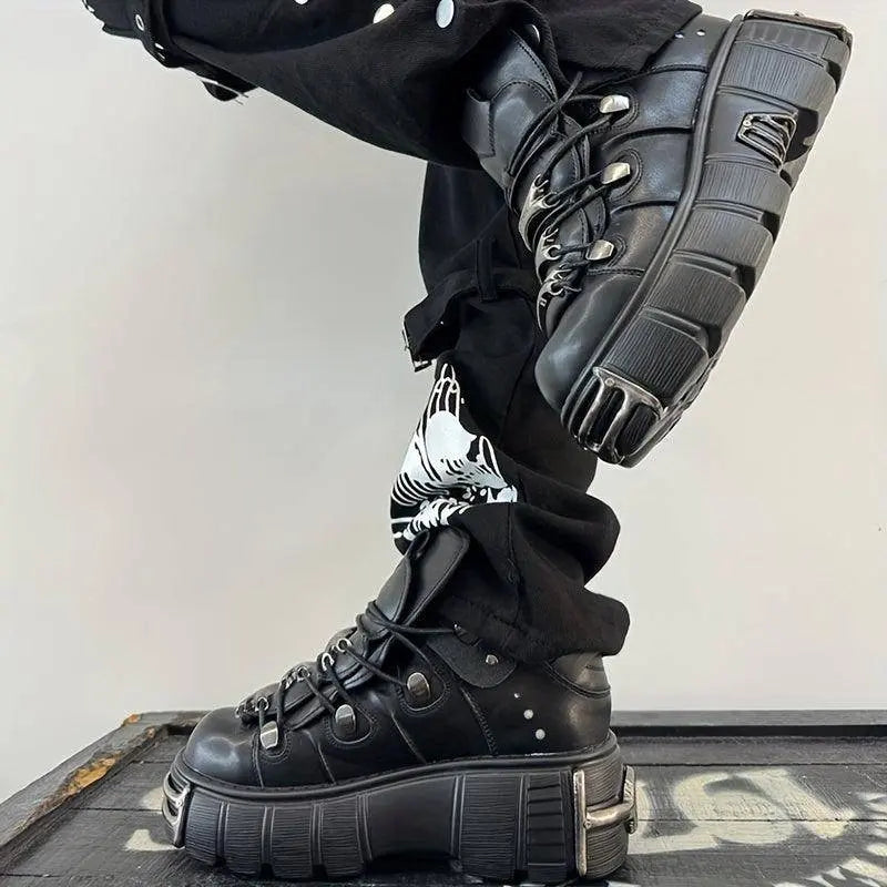 Women's Metallic Decor Platform Sneakers, Punk Rock Lace Up Outdoor Shoes, Comfortable Heel Height Shoes, Gothic Ankle Boots Round Toe Thick Sole Booties - SS69