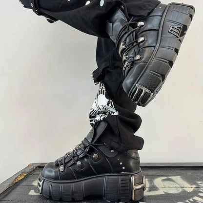 Women's Metallic Decor Platform Sneakers, Punk Rock Lace Up Outdoor Shoes, Comfortable Heel Height Shoes, Gothic Ankle Boots Round Toe Thick Sole Booties - SS69