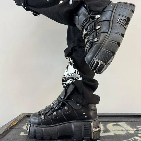 Women's Metallic Decor Platform Sneakers, Punk Rock Lace Up Outdoor Shoes, Comfortable Heel Height Shoes, Gothic Ankle Boots Round Toe Thick Sole Booties - SS69