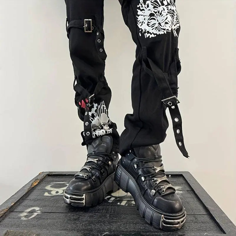 Women's Metallic Decor Platform Sneakers, Punk Rock Lace Up Outdoor Shoes, Comfortable Heel Height Shoes, Gothic Ankle Boots Round Toe Thick Sole Booties - SS69