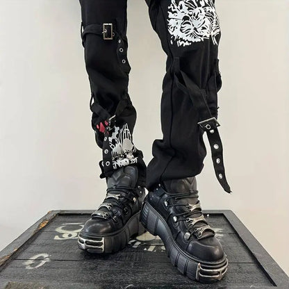 Women's Metallic Decor Platform Sneakers, Punk Rock Lace Up Outdoor Shoes, Comfortable Heel Height Shoes, Gothic Ankle Boots Round Toe Thick Sole Booties - SS69