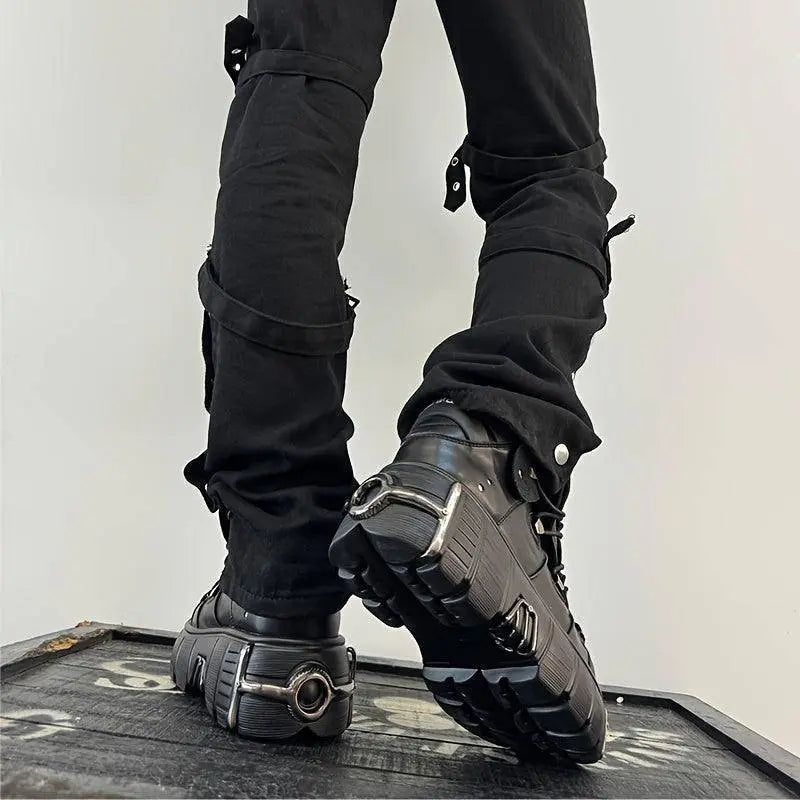 Women's Metallic Decor Platform Sneakers, Punk Rock Lace Up Outdoor Shoes, Comfortable Heel Height Shoes, Gothic Ankle Boots Round Toe Thick Sole Booties - SS69