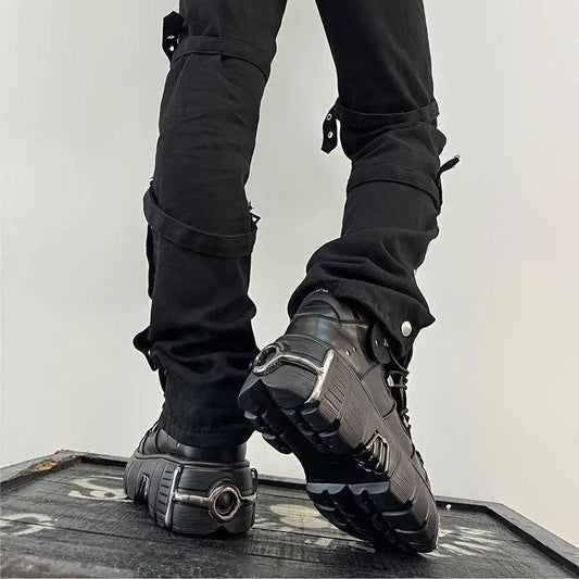 Women's Metallic Decor Platform Sneakers, Punk Rock Lace Up Outdoor Shoes, Comfortable Heel Height Shoes, Gothic Ankle Boots Round Toe Thick Sole Booties - SS69