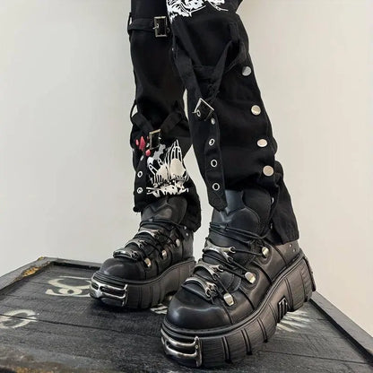 Women's Metallic Decor Platform Sneakers, Punk Rock Lace Up Outdoor Shoes, Comfortable Heel Height Shoes, Gothic Ankle Boots Round Toe Thick Sole Booties - SS69
