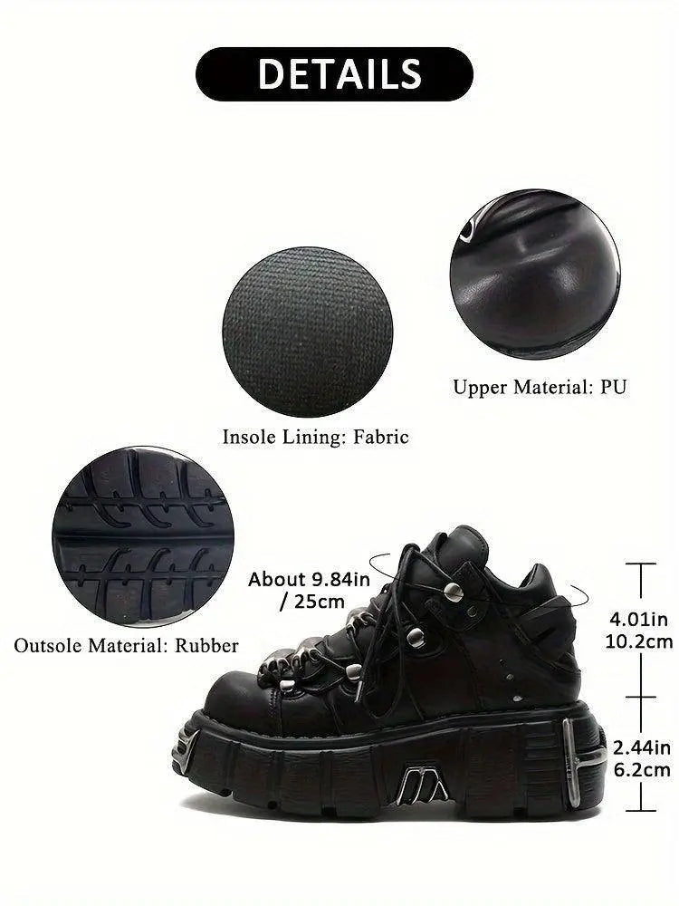 Women's Metallic Decor Platform Sneakers, Punk Rock Lace Up Outdoor Shoes, Comfortable Heel Height Shoes, Gothic Ankle Boots Round Toe Thick Sole Booties - SS69