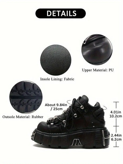 Women's Metallic Decor Platform Sneakers, Punk Rock Lace Up Outdoor Shoes, Comfortable Heel Height Shoes, Gothic Ankle Boots Round Toe Thick Sole Booties - SS69