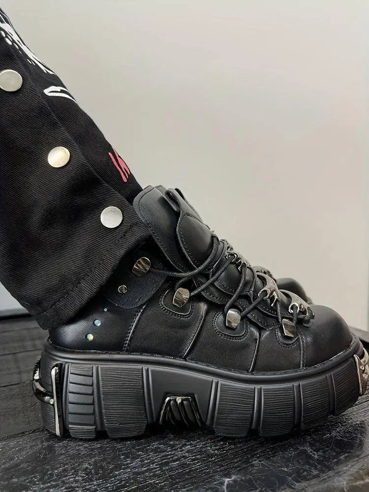 Women's Metallic Decor Platform Sneakers, Punk Rock Lace Up Outdoor Shoes, Comfortable Heel Height Shoes, Gothic Ankle Boots Round Toe Thick Sole Booties - SS69