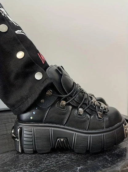 Women's Metallic Decor Platform Sneakers, Punk Rock Lace Up Outdoor Shoes, Comfortable Heel Height Shoes, Gothic Ankle Boots Round Toe Thick Sole Booties - SS69