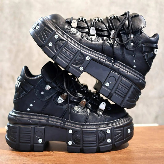 Women's Punk Combat Sneakers, Platform Metallic Decor Rock Casual Shoes, Black Gothic Y2K Boots, High Platform Thick Sole Flat Sneakers, Cross Tied Rivets Flats SS69