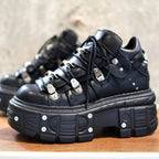 Women's Punk Combat Sneakers, Platform Metallic Decor Rock Casual Shoes, Black Gothic Y2K Boots, High Platform Thick Sole Flat Sneakers, Cross Tied Rivets Flats SS69