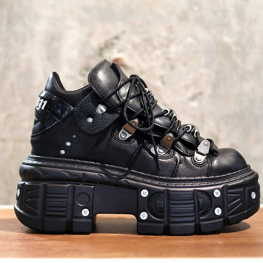 Women's Punk Combat Sneakers, Platform Metallic Decor Rock Casual Shoes, Black Gothic Y2K Boots, High Platform Thick Sole Flat Sneakers, Cross Tied Rivets Flats SS69