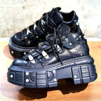 Women's Punk Combat Sneakers, Platform Metallic Decor Rock Casual Shoes, Black Gothic Y2K Boots, High Platform Thick Sole Flat Sneakers, Cross Tied Rivets Flats SS69