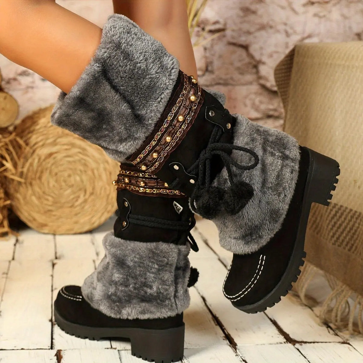 Women's Retro Snow Boots, Fleece Pom-pom Decor Chunky Heeled Boots, Winter Warm Mid Calf Boots - SS69