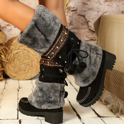 Women's Retro Snow Boots, Fleece Pom-pom Decor Chunky Heeled Boots, Winter Warm Mid Calf Boots - SS69