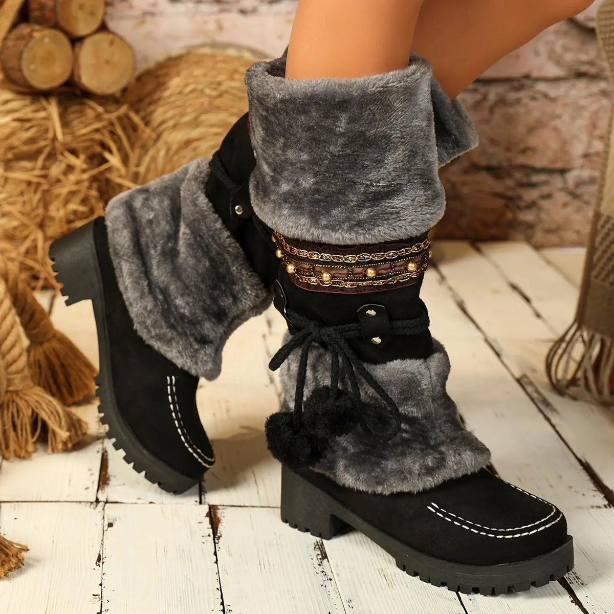 Women's Retro Snow Boots, Fleece Pom-pom Decor Chunky Heeled Boots, Winter Warm Mid Calf Boots - SS69