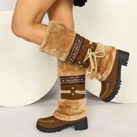 Women's Retro Snow Boots, Fleece Pom-pom Decor Chunky Heeled Boots, Winter Warm Mid Calf Boots SS69