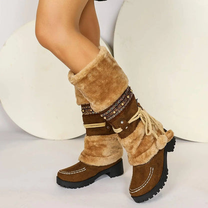 Women's Retro Snow Boots, Fleece Pom-pom Decor Chunky Heeled Boots, Winter Warm Mid Calf Boots SS69