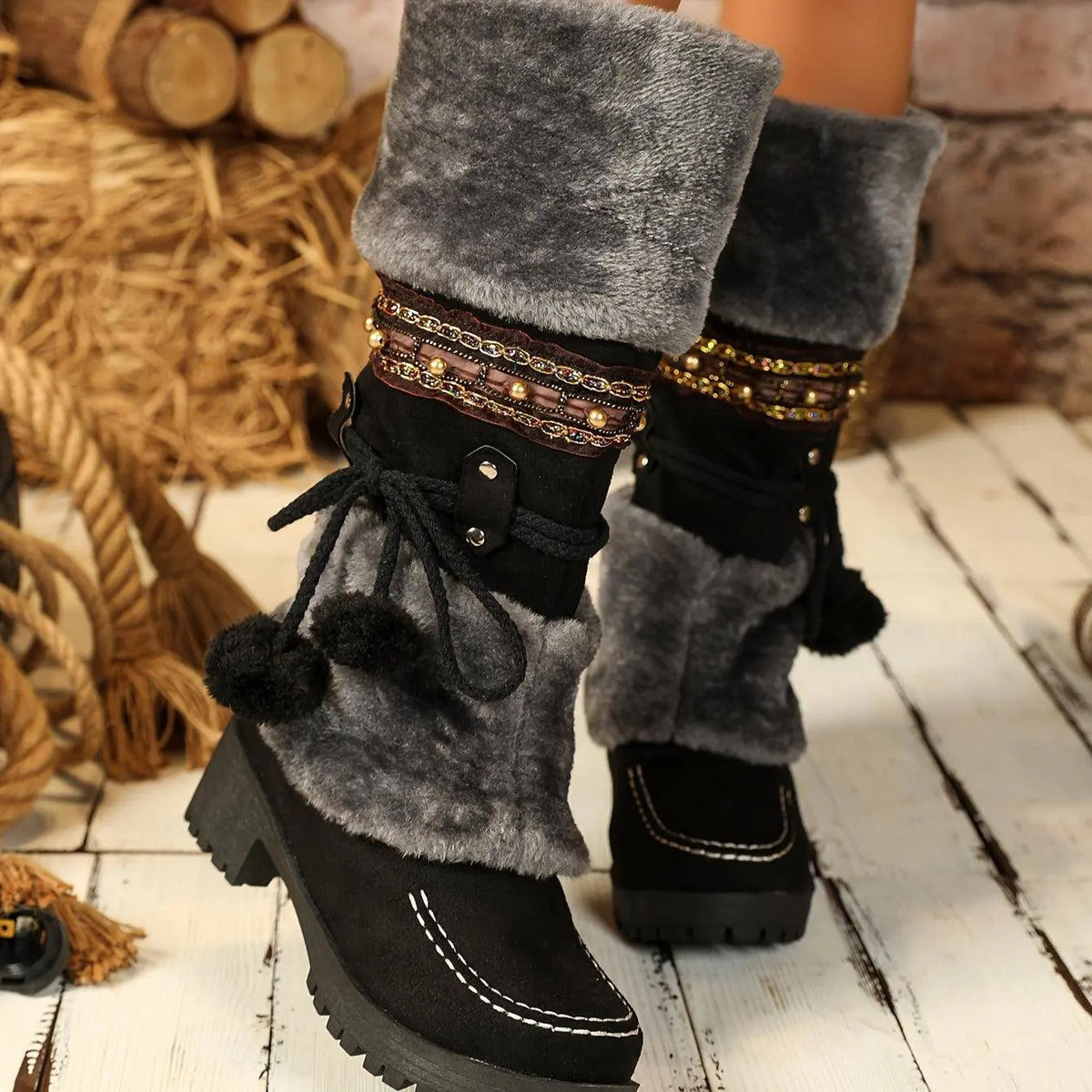 Women's Retro Snow Boots, Fleece Pom-pom Decor Chunky Heeled Boots, Winter Warm Mid Calf Boots SS69